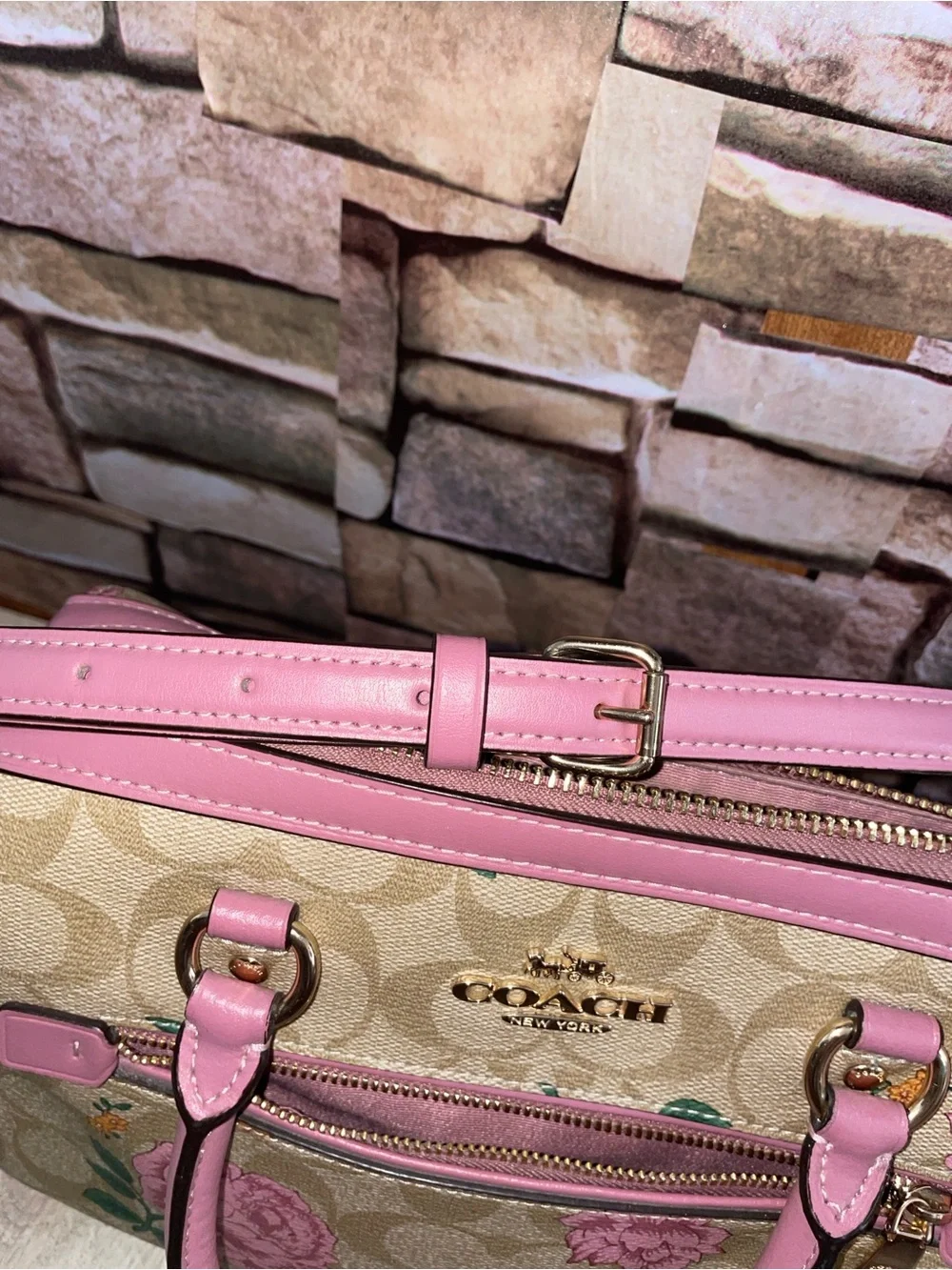 Coach Beige Signature Floral Dome Satchel with Pink Trim